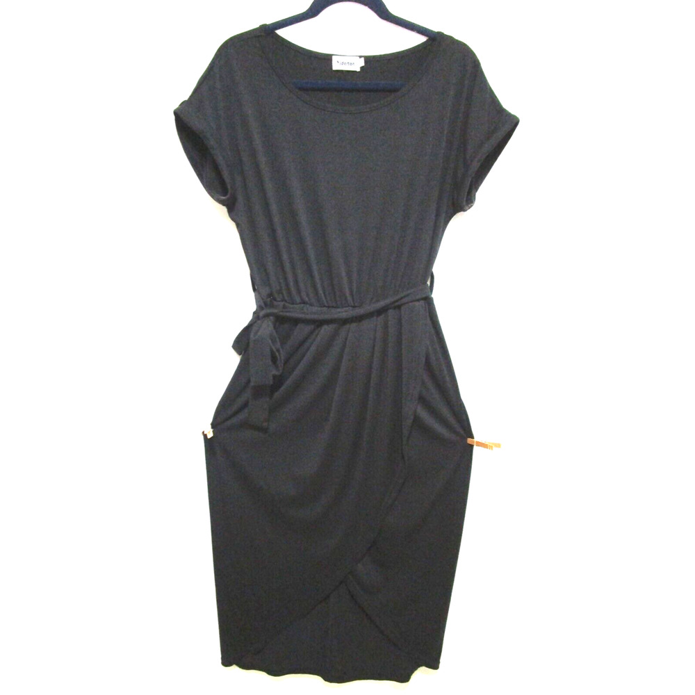 Vidarton Black Cotton Blend Knit Round Neck Belted Waist Midi Wrap Dress Sz L